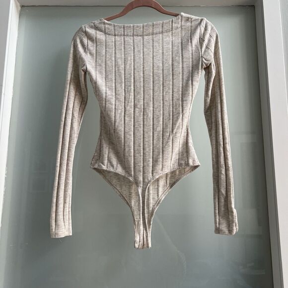 Free People Intimately Free Square Neck Long Sleeve Ribbed Bodysuit Beige XS - Picture 6 of 9